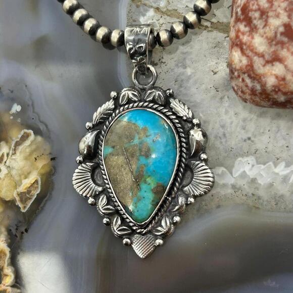 Sterling Silver Southwestern Style Teardrop Turquoise Pendant For Women #9 - Picture 5 of 10